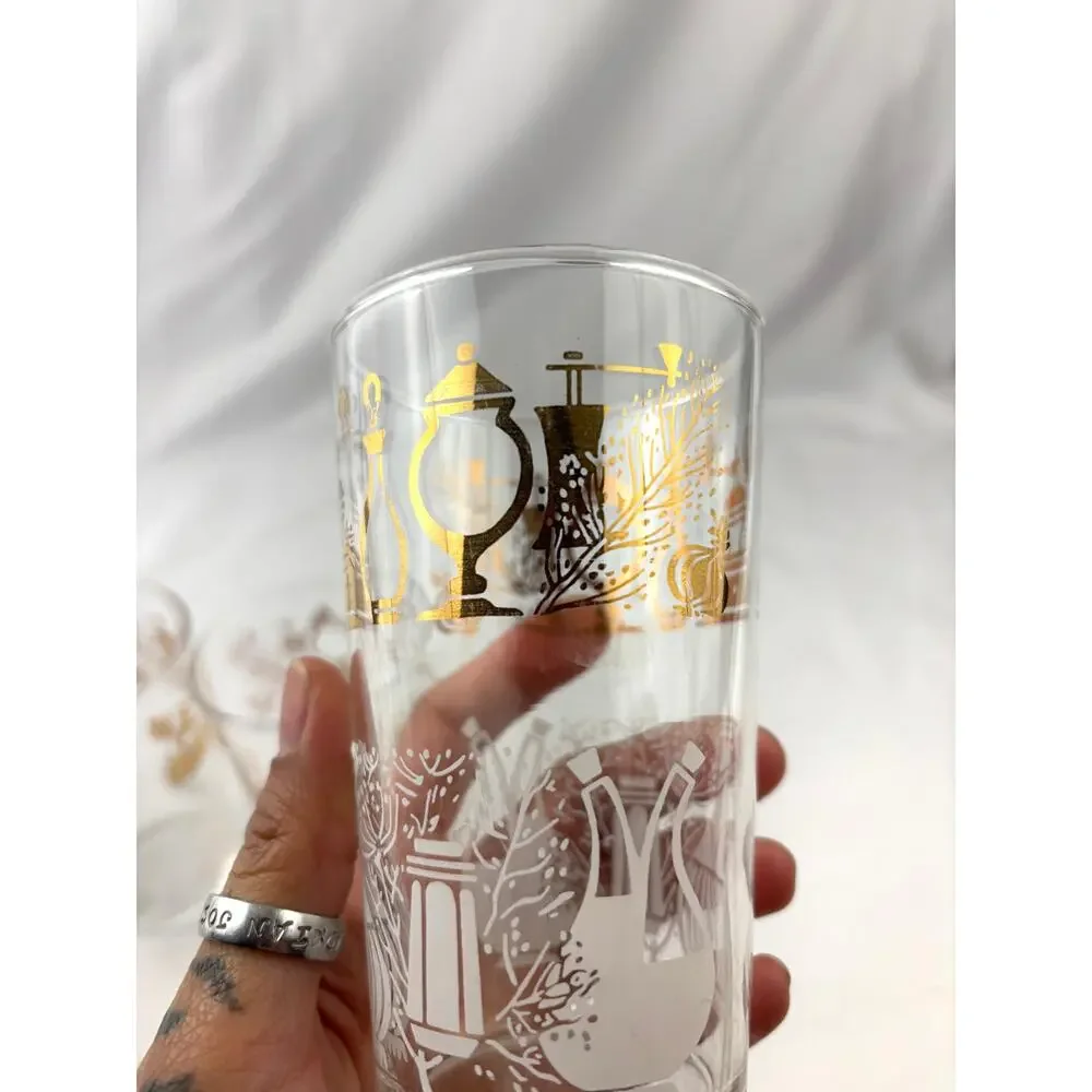 Vintage Federal Glass Tumblers Set of 4 Clear Drinking Glass Gold Accent Design‎